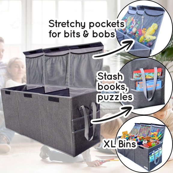 Extra Large Toy Box - Big Sturdy Collapsible Chest - Toy Storage Organizer with Pockets - for Living Room or Kids bedroom- 36 x 16 x 12 in - Grey