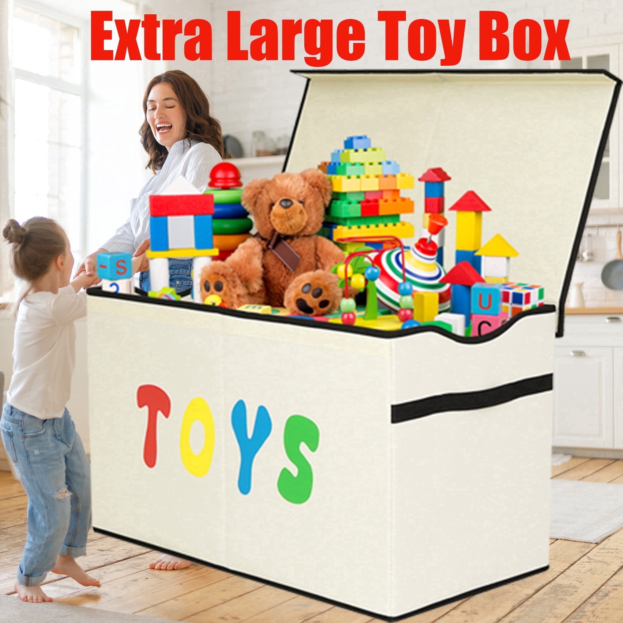 VICTORICH Extra Large Child Collapsible Toy Storage Fabric 32 gal Kids Room Toy Chest with Lid, Beige