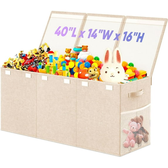 Extra Large Toy Storage Box with Lid Divider, Sturdy Collapsible Toys Organizer Chest Kids Storage Bins Boxes Baskets for Boys, Girls, Nursery, Bedroom, Living Room, Playroom, 40"x14"x16", Beige