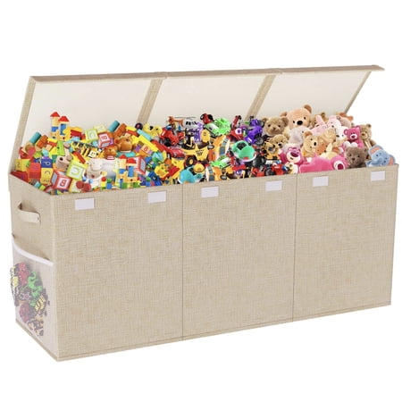Extra Large Toy Box, Collapsible Sturdy Kids Toy Chest for Boys, Girls, 40"x14"x16" Storage Organizer Toddler Storage Bins with Lids, Toybox Basket for Living Room, Bedroom, Nursery, Beige