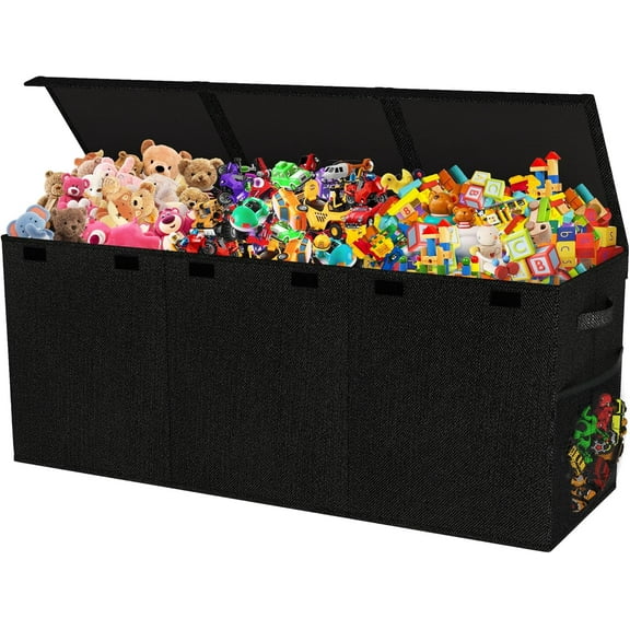 Extra Large Toy Box, Collapsible Sturdy Kids Toy Chest for Boys, Girls, 40"x14"x16" Storage Organizer Toddler Storage Bins with Lids, Toybox Basket for Living Room, Bedroom, Nursery, Black