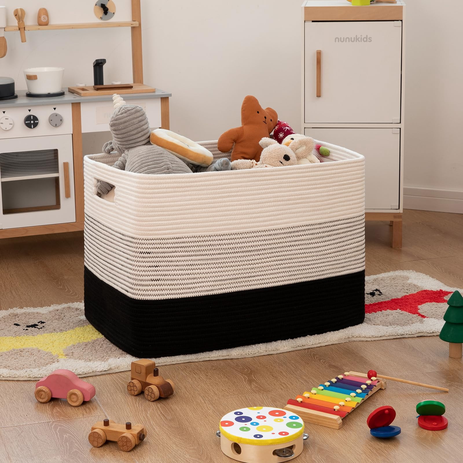 Large Blanket Basket for Living Room,75 L Rectangle Toy Storage Basket for Nursery Room, Woven Rope Storage Box with Leather Handle,Gradient Linen,Gray