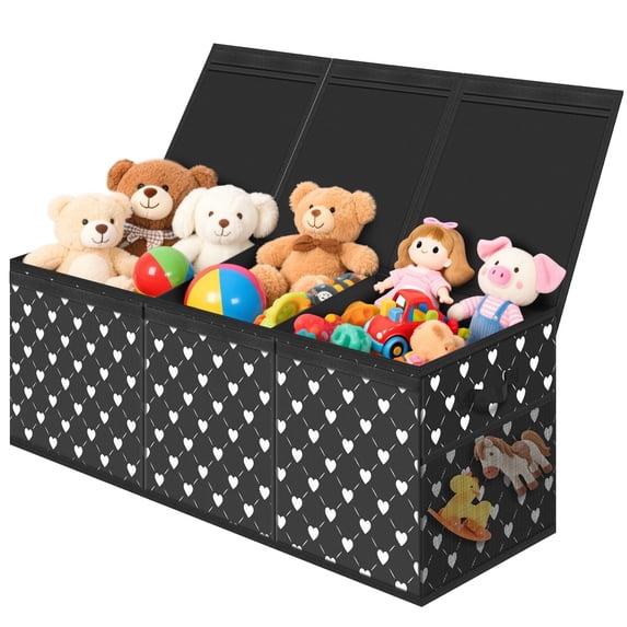 Extra Large Toy Box, Collapsible Sturdy Kids Toy Chest Storage Box with 3 Side bags and Removable Lids, 40"X14"X16",large toy box for Nursery Room, Playroom,Closet,Home Organization,School,Black