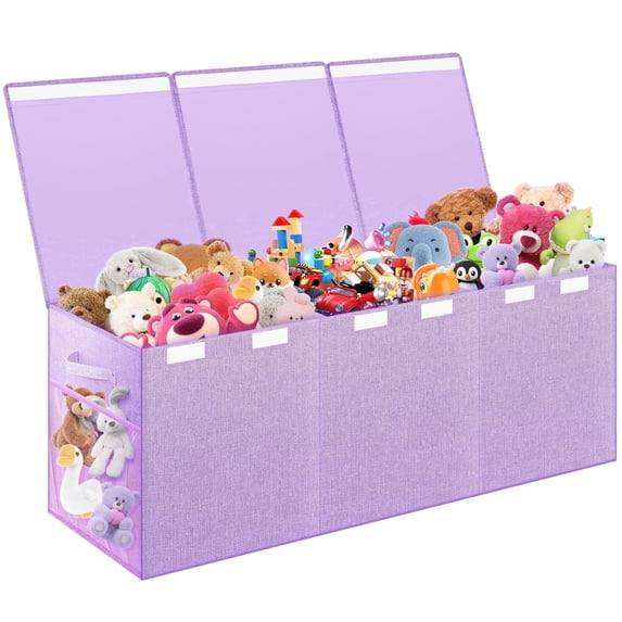 Extra Large Toy Box, Collapsible Sturdy Kids Toy Chest Storage Box with 3 Side bags and Removable Lids, 40"X14"X16",large toy box for Nursery Room, Playroom,Closet,Home Organization,School,Purple