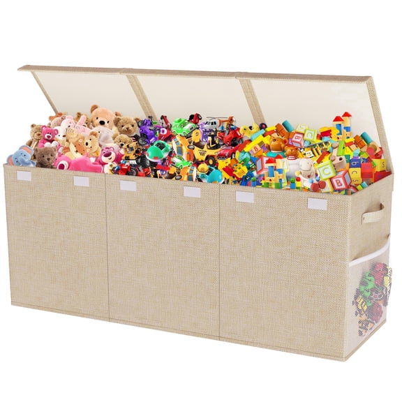 Extra Large Toy Box, Collapsible Sturdy Kids Toy Chest Storage Box with 3 Side bags and Removable Lids, 40"X14"X16",large toy box for Nursery Room, Playroom,Closet,Home Organization,School,Deep beige