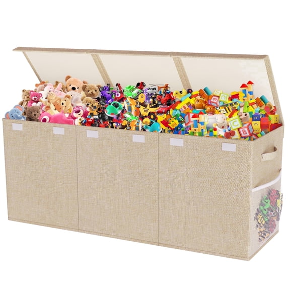 Extra Large Toy Box, Collapsible Sturdy Kids Toy Chest Storage Box with 3 Side bags and Removable Lids, 40"X14"X16"，large toy box for Nursery Room, Playroom,Closet,Home Organization,School，Deep beige