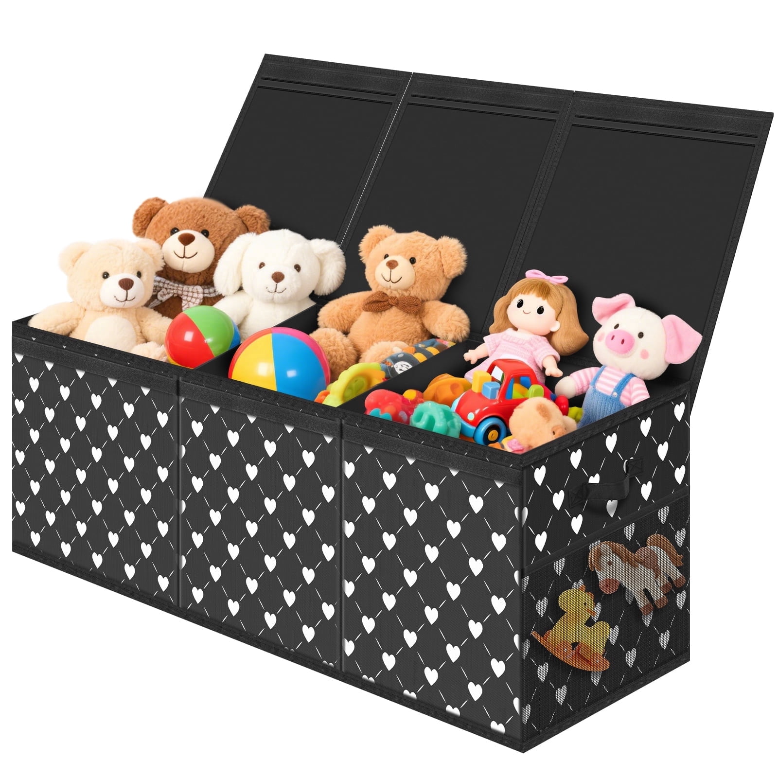 Extra Large Toy Box, Collapsible Sturdy Kids Toy Chest Storage Box with 3 Side bags and Removable Lids, 41"X14"X16"，large toy box for Nursery Room, Playroom,Closet,,School,Black White