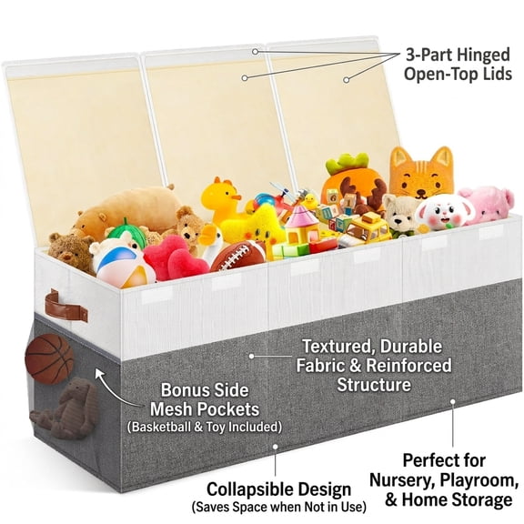 Extra Large Toy Box, Collapsible Sturdy Kids Toy Chest Storage Box with 3 Side bags and Removable Lids,Storage Bins with Lids for Nursery Room, Playroom,Closet,Home Organization,School
