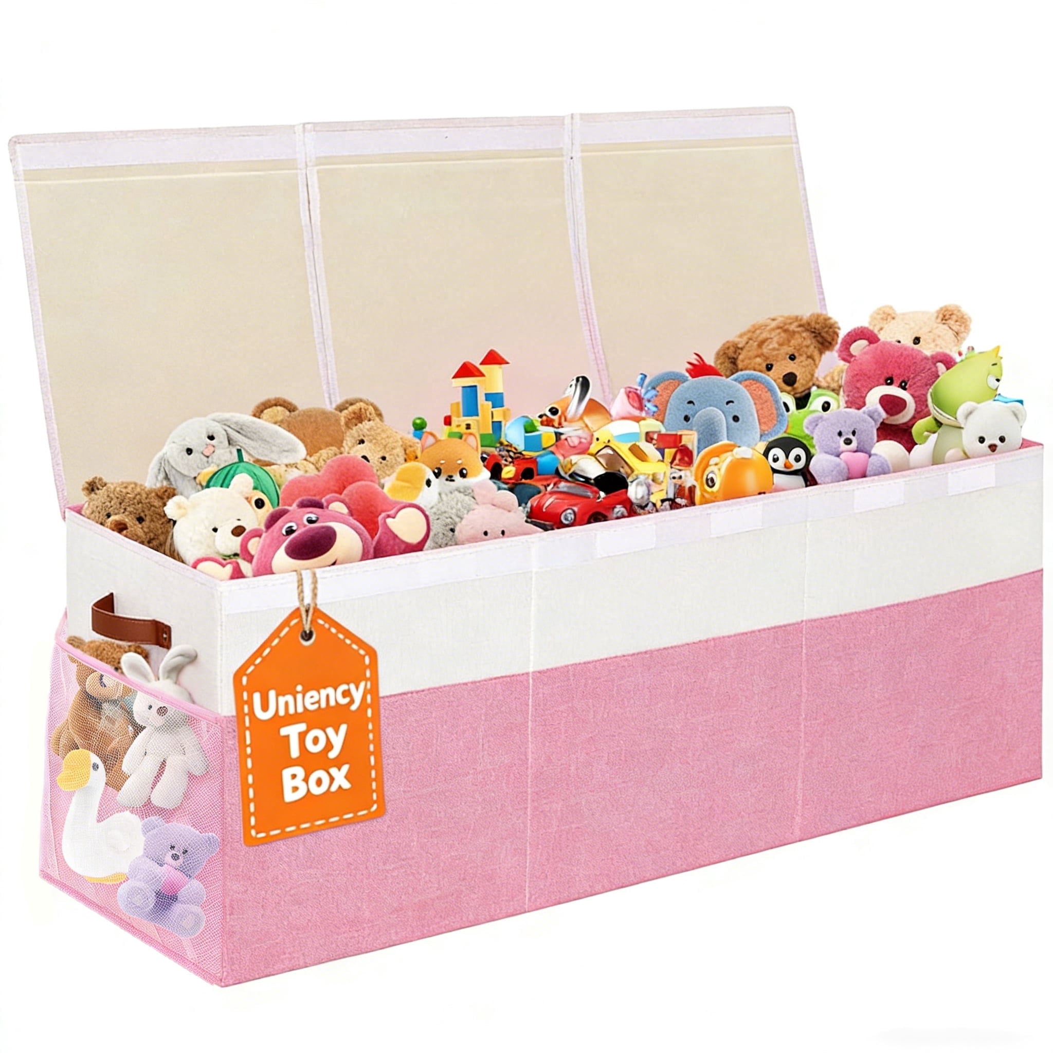Extra Large Toy Box, Collapsible Sturdy Kids Toy Chest Storage Box with 3 Side bags and Removable Lids, 41"X14"X16"，large toy box ,Pink White