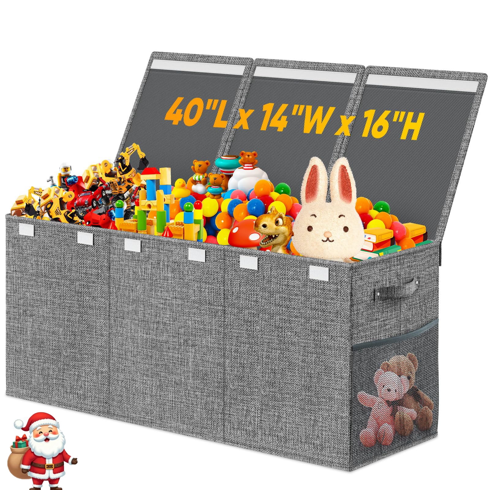 Extra Large Toy Box, Collapsible Sturdy Kids Toy Storage Storage Box with 2 Side bags and Removable Lids，large Toy Chest for Boys, Girls, Nursery, Living Room, Playroom,Gray
