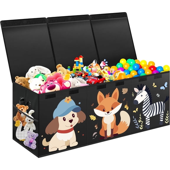 Extra Large Toy Box, Collapsible Sturdy Storage Organizer With Lids, Dinosaur Toy Box For 14+ Boys Girls, Chest Bin Baskets For Living Room, Playroom, Bedroom, Nursery, Black
