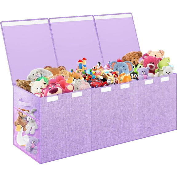 Extra Large Toy Box, Toy Chest for Kids Boys Girls, Collapsible Sturdy Storage Organizer with Mesh Pockets, 40"x14"x16" Kids Box Bins Baskets for Nursery, Playroom, Purple