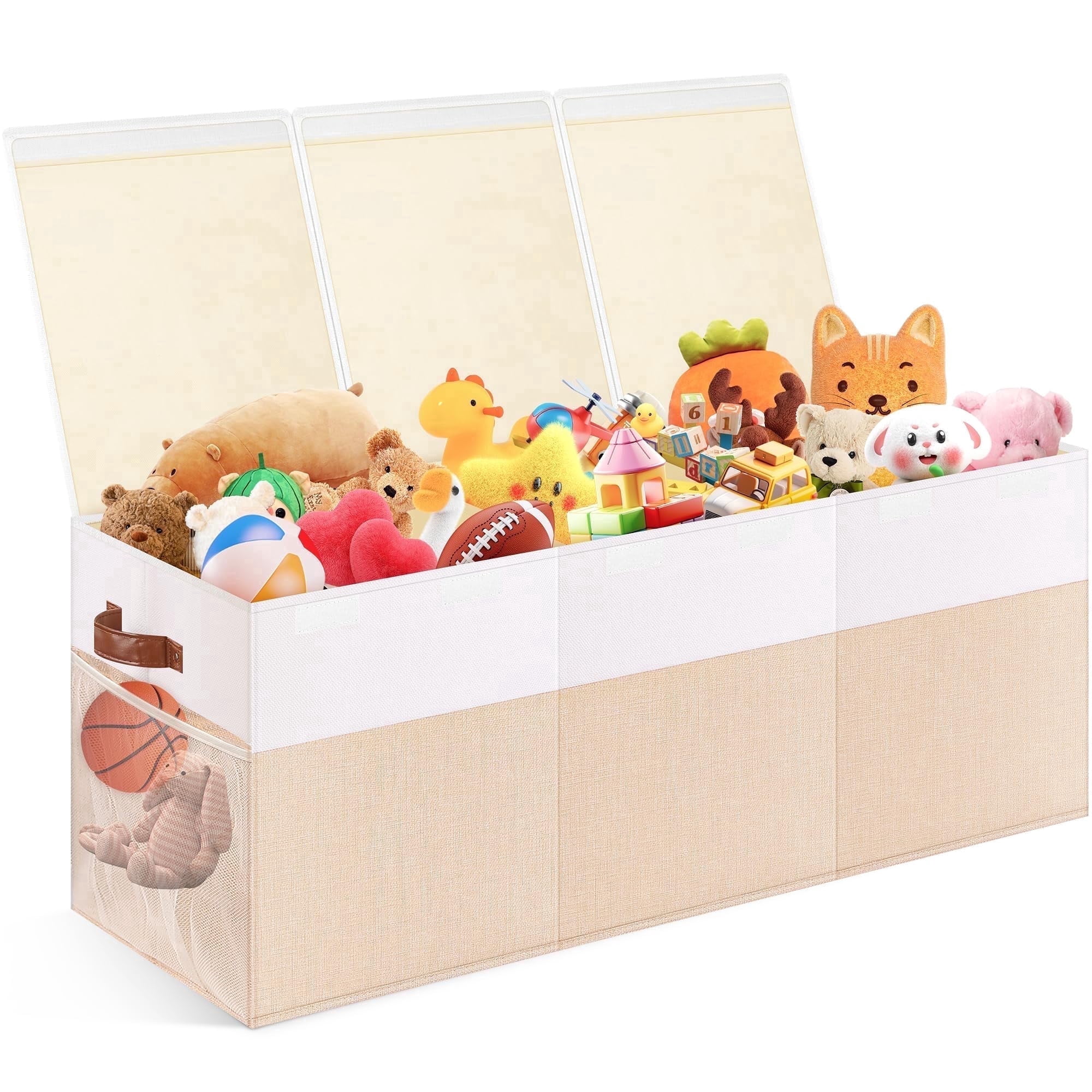 Extra Large Toy Box,Toy Storage Organizer Collapsible Storage Bins with Lids Toy Chest and 2 Side bags ,40"X14"X16"，large toy box for Living Room,Nursery,Playroom(Beige & White)