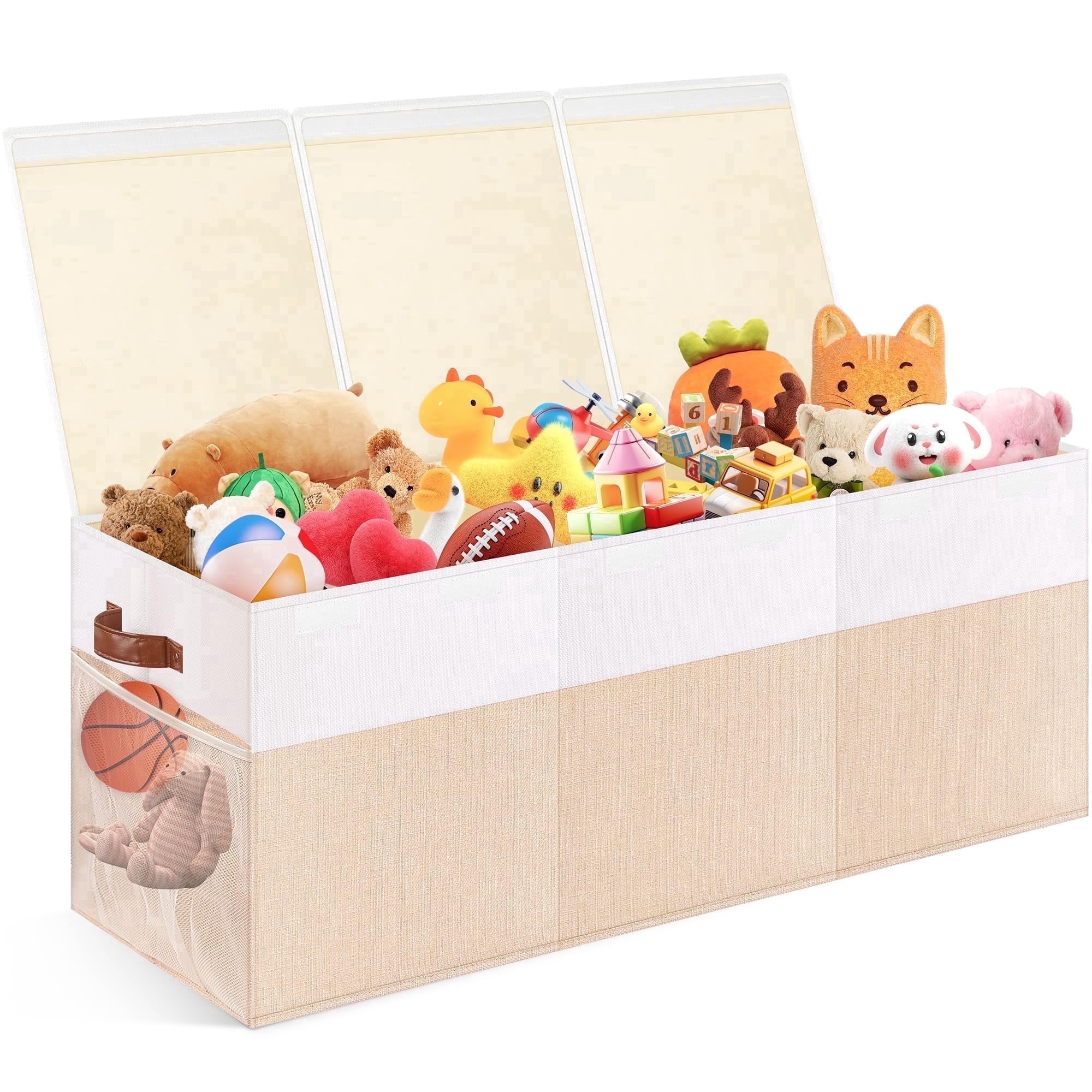 Extra Large Toy Box,Toy Storage Organizer Collapsible Storage Bins with Lids Toy Chest and 2 Side bags ,40"X14"X16"，large toy box for Living Room,Nursery,Playroom,Home Organization(Beige & White)