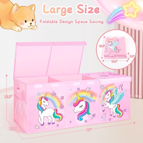 Extra Large Toy Chest, Collapsible Sturdy Toy Storage Organizer with Lids, 40"X14"X16" Large Kids Toybox Storage Bins Baskets for Girls, Boys, Nursery, Playroom, Pink