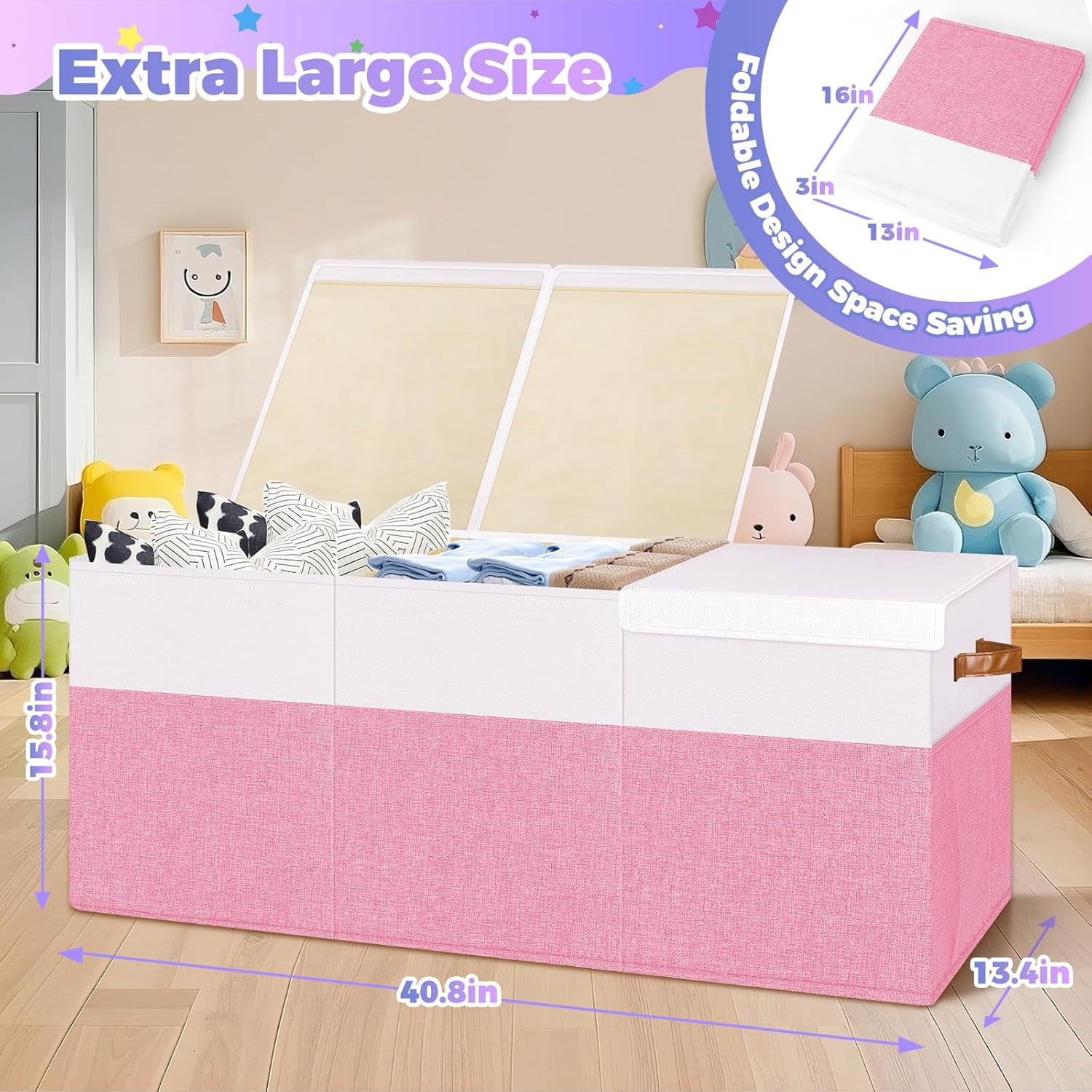 Extra Large Toy Storage Box with Lid, Collapsible Sturdy Toys Chest ...