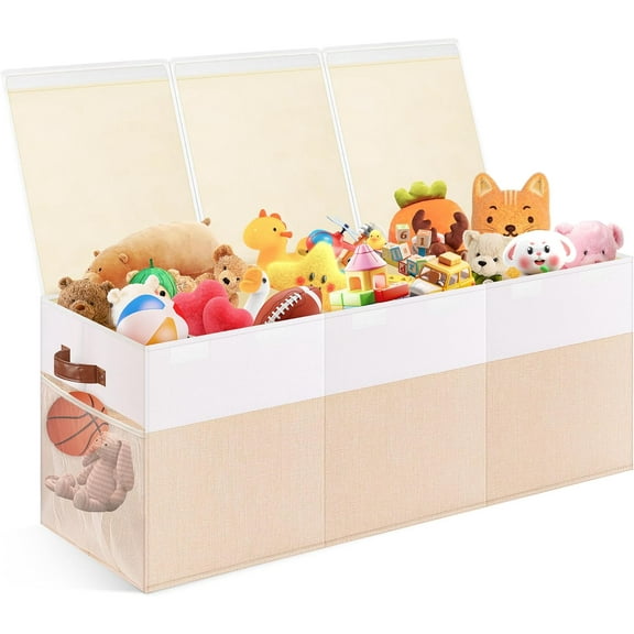 Extra Large Toy Storage Box with Lid, Collapsible Sturdy Toy Chest Storage Organizer Bin Basket with Divider for Kids, Boys, Girls, Closet, Playroom, Bedroom, Nursery, 40"X14"X16", Beige & White