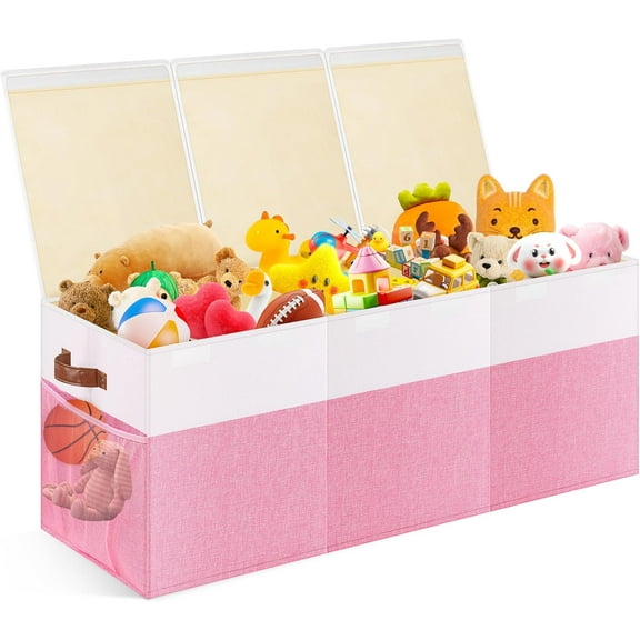 Extra Large Toy Storage Box with Lid, Collapsible Sturdy Toys Chest Storage Organizer Bin Basket with Divider, Boys, Girls, Closet, Playroom, Bedroom, Nursery, 40"X14"X16", Beige & White