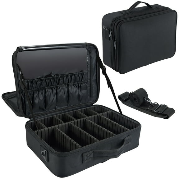 Velore Travel Makeup Bag Cosmetic Train Case Organizer with Shoulder Strap Dividers, Black