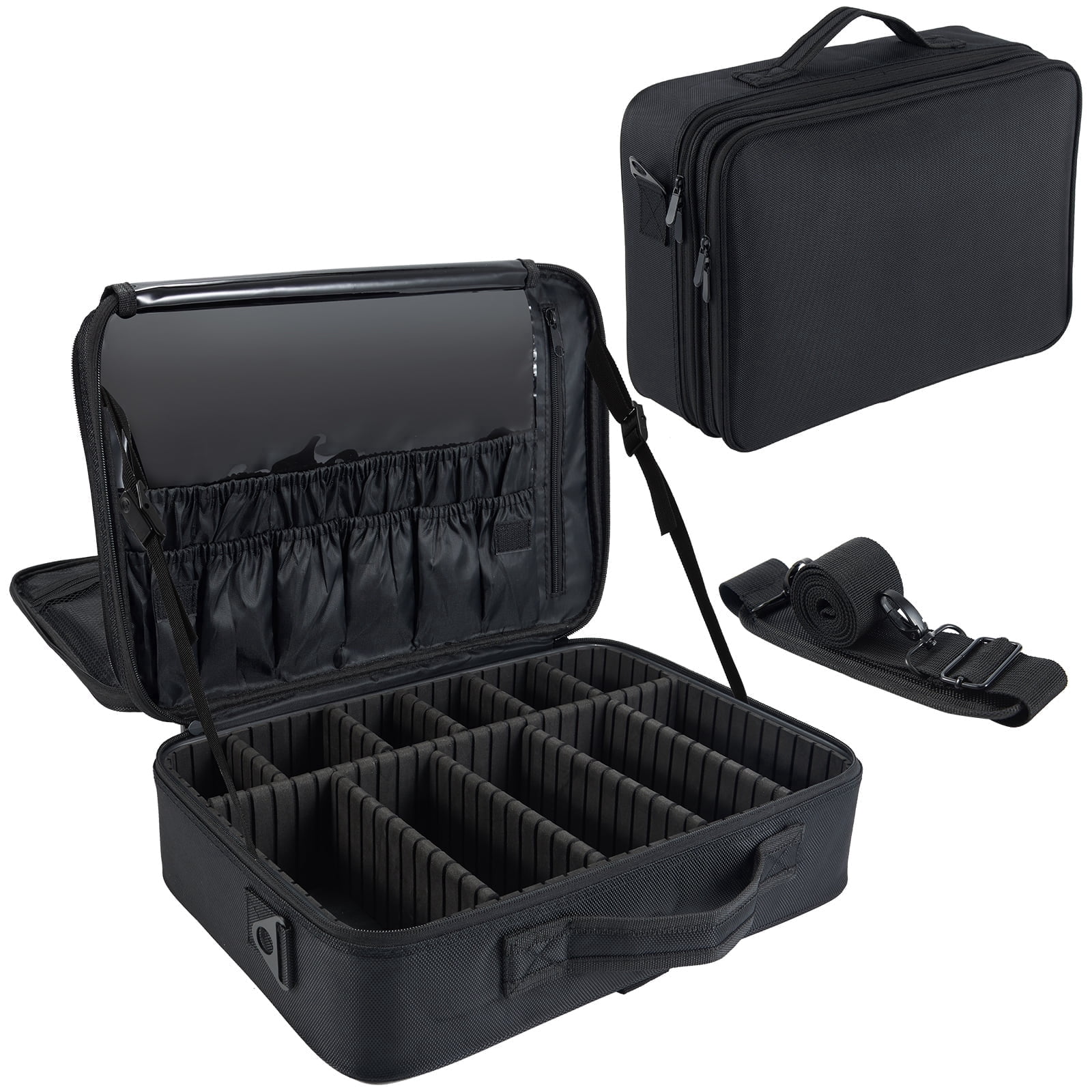 Extra Large Travel Makeup Bag Professional Cosmetic Train Case Organizer with Adjustable Shoulder Strap & Dividers, Black