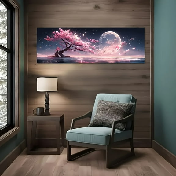 Extra Large Tree of Life Canvas Wall Art - Frameless Cherry Blossom and Moonlight Landscape Print - Tranquil Nature Scene for Living Room, Bedroom, Office, or Kitchen Decoration