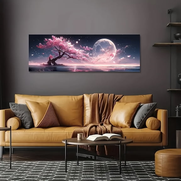 Extra Large Tree of Life Canvas Wall Art - Frameless Cherry Blossom and Moonlight Landscape Print - Tranquil Nature Scene for Living Room, Bedroom, Office, or Kitchen Decoration