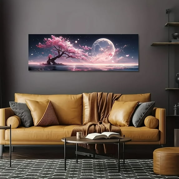Extra Large Tree of Life Canvas Wall Art - Frameless Cherry Blossom and Moonlight Landscape Print - Tranquil Nature Scene for Living Room, Bedroom, Office, or Kitchen Decoration