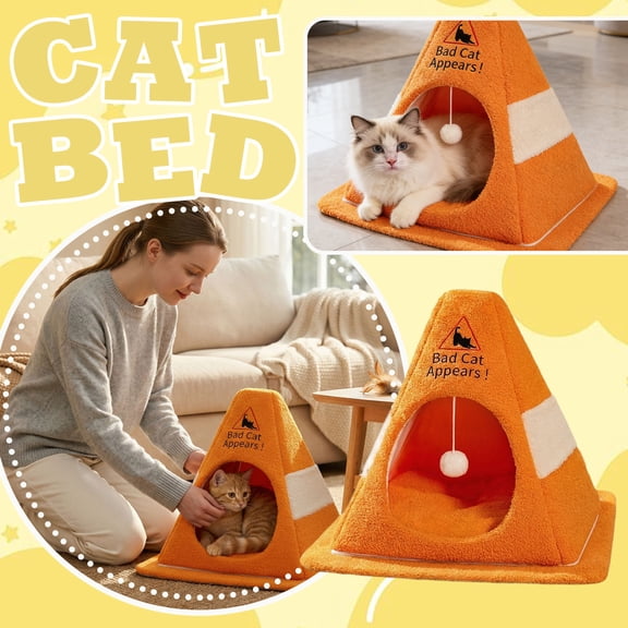 Extra Large Triangular Cat House, 22in Orange Plush Tent Bed for Cats Up to 16lbs, Open Front Kitty Cave, Warm Cozy Pet Sleeping Den, Non-Slip Base