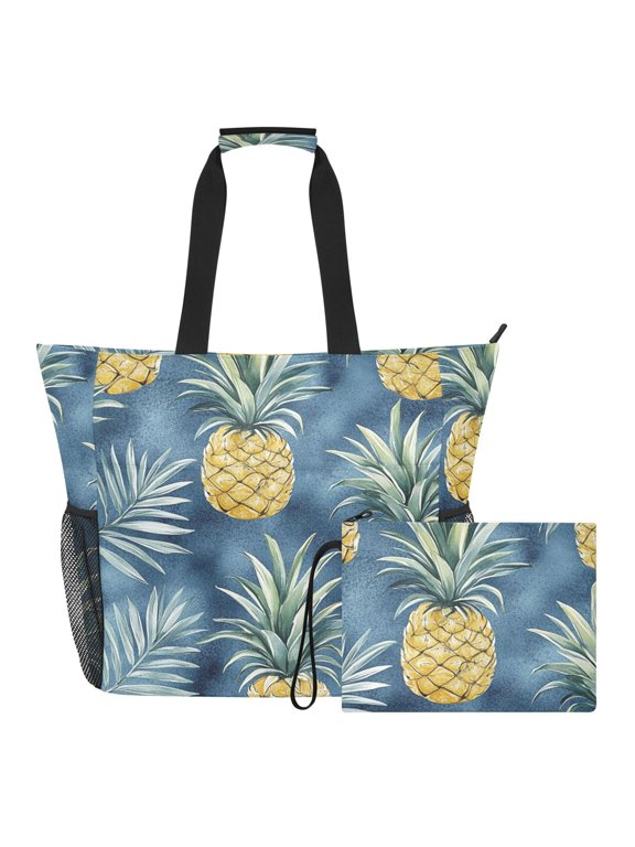 Extra Large Tropical Pineapple Pattern Beach Bag for Women Waterproof Tote with Zipper Pockets