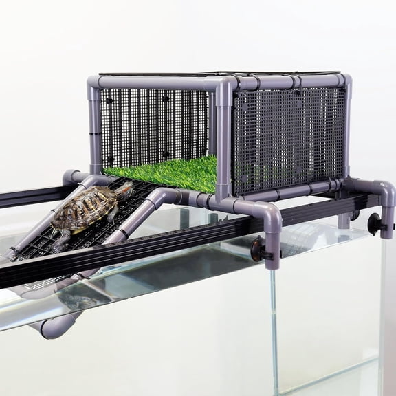 Extra Large Turtle Basking Platform, RES Basking Dock, Above Tank Dry Resting Area with Artificial Grass, Non-Slip Aquatic Turtles Ramp, Turtle Accessories for 75/90/125 Gal