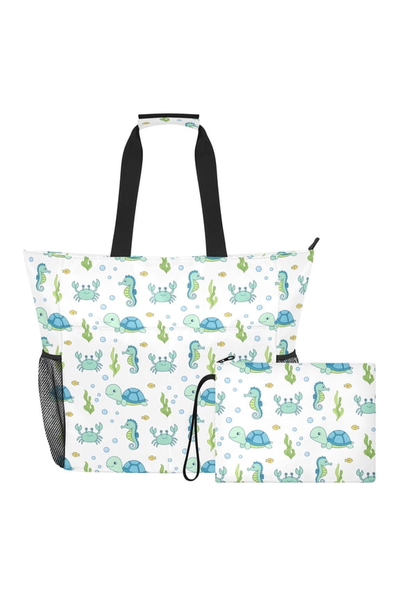 Extra Large Turtle Seahorse Crab Beach Bag for Women Waterproof Tote with Zipper Pockets