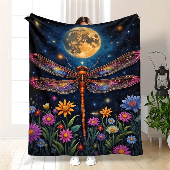 Extra Large Twin Dragonfly & Moon Phase Throw Blanket - Ultra-Soft Luxury Flannel Bedspread for Women, Girls, Boho Decor - Pink/Green/Yellow/Black/White - All-Season Couch Camping Office