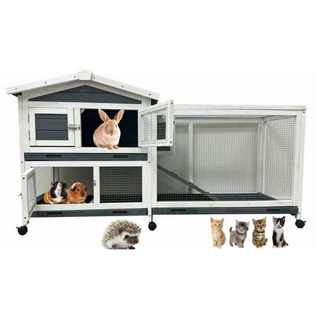 Extra Large Two Story Deluxe 63" In/Outdoor Guinea Pig Cage Rabbit Wooden Hutch on Rolling Wheels, House with Ramp and Hideout Room, Small Animals Home with NO Leak and Washable Pull Out Tray
