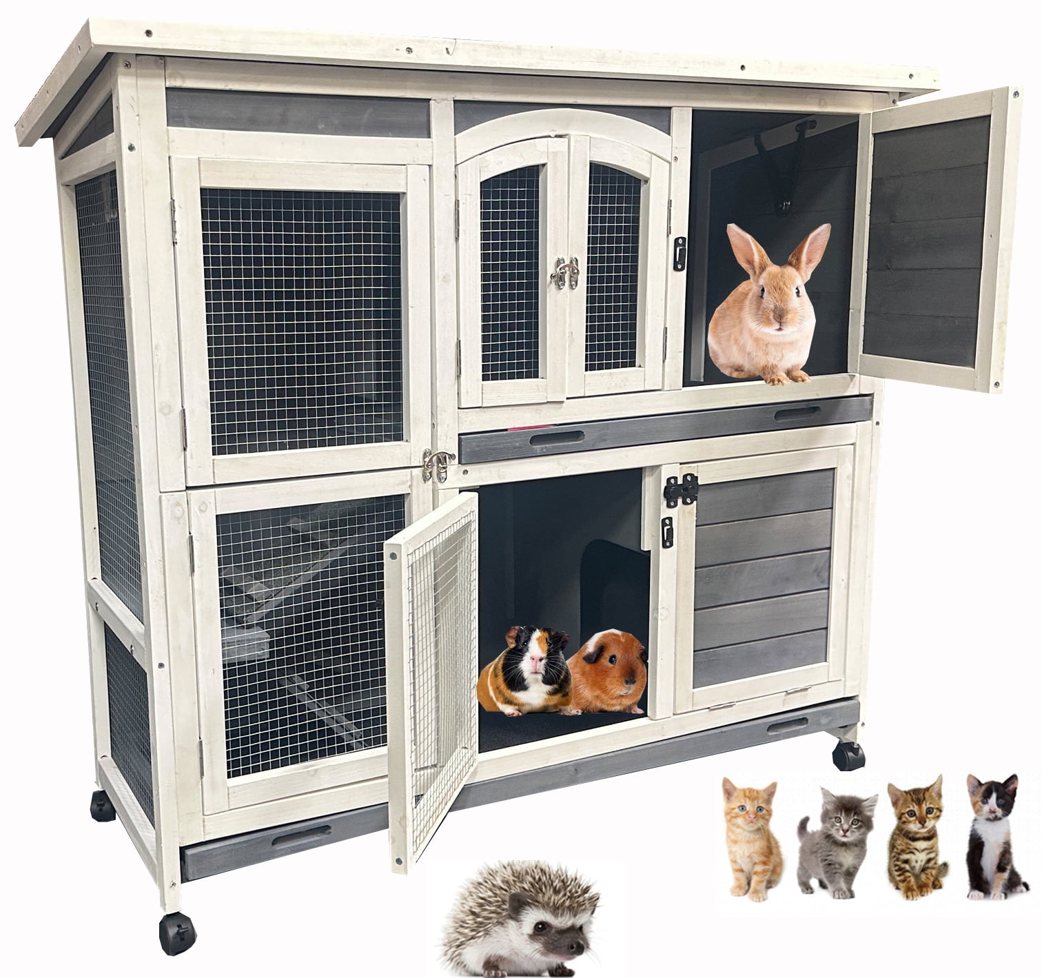 Extra Large Two Story Deluxe In/Outdoor Guinea Pig Cage Rabbit Wooden Hutch on Rolling Wheels