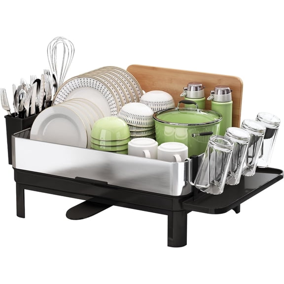 Extra Large Two Tier Stainless Steel Dish Drainer Drying Rack with Drainboard for Kitchen Counter, Rust Proof Metal, Space Saving Countertop Big Plate Dryer and Tray