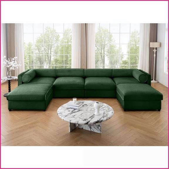 Extra Large U-Shaped Modular Chenille Sectional Sofa with Storage - Deep Seat Green Living Room Couch