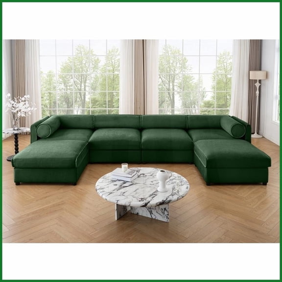 Extra Large U-Shaped Modular Chenille Sectional Sofa with Storage - Deep Seat Green Living Room Couch
