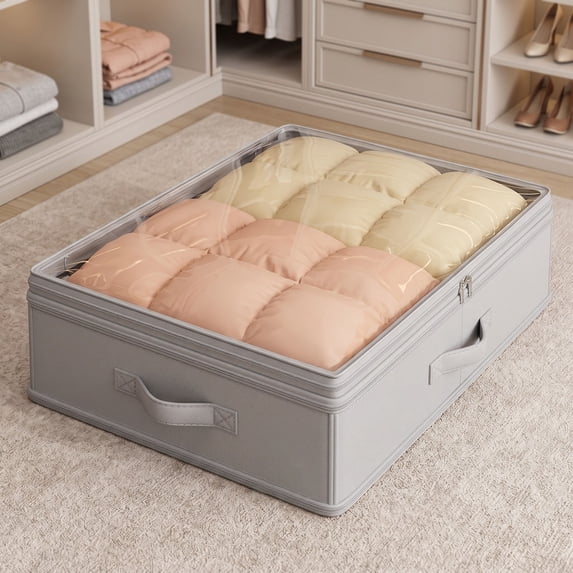 Extra Large Under Bed Storage Bag, Flat Foldable Container for Down Jackets and Quilts, High Capacity Clothes Organizer for Seasonal Storage, Gray