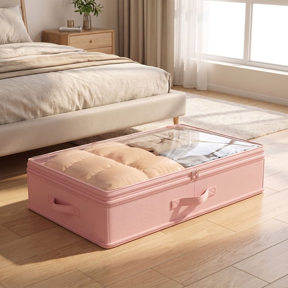 Extra Large Under Bed Storage Bag, Flat Foldable Container for Down Jackets and Quilts, High Capacity Clothes Organizer for Seasonal Storage, Pink