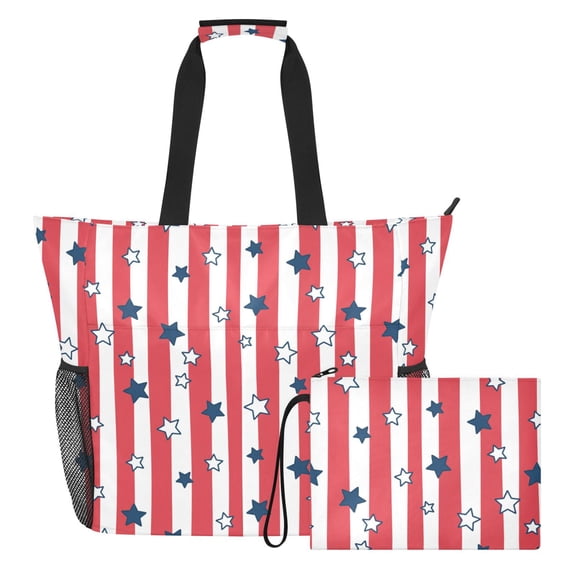 Extra Large Usa Flag 4th July American Red White Blue Star Stripes Beach Bag for Women Waterproof Tote with Zipper Pockets