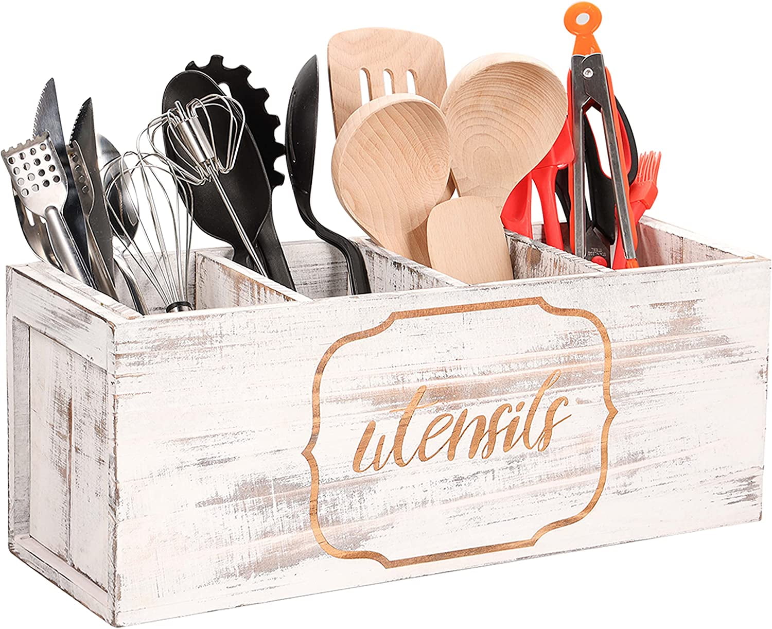 Extra Large Utensil Holder with 4 Compartments, Wooden Farmhouse
