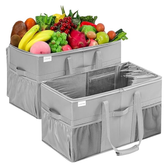Extra Large Utility Tote Bag 2 Pack, Heavy Duty Reusable Grocery Bags with Pockets, Foldable Shopping Totes with Lids & Structured Base, 22x11.5x13in