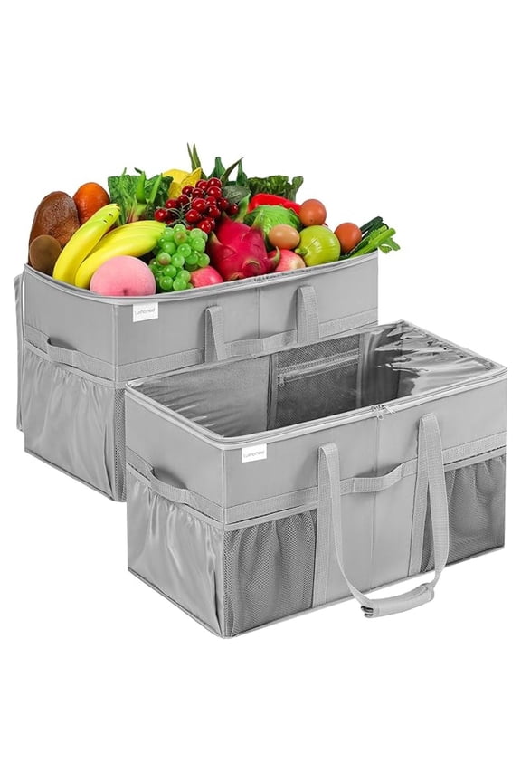 Extra Large Utility Tote Bag 2 Pack, Heavy Duty Reusable Grocery Bags with Pockets, Foldable Shopping Totes with Lids & Structured Base, 22x11.5x13in