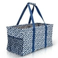 thumbnail image 1 of Extra Large Utility Tote Bag - Oversized Collapsible Reusable Wire Frame Rectangular Canvas Basket with Two Exterior Pockets - Geo Navy Blue, 1 of 9