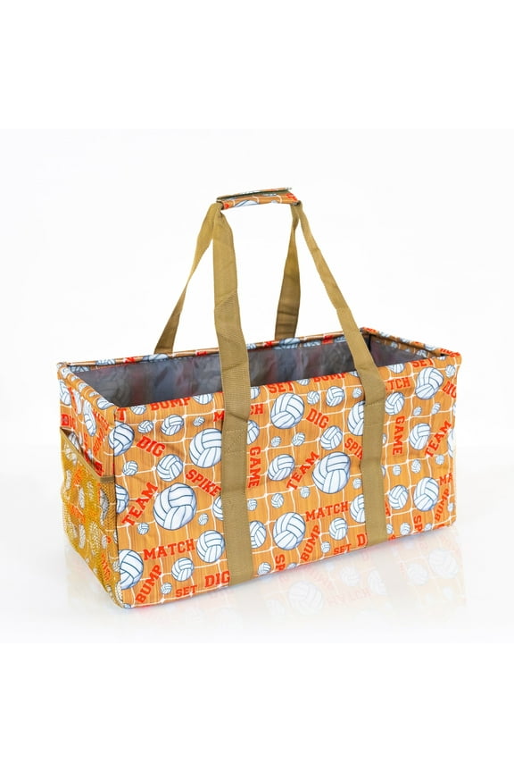 Extra Large Utility Tote Bag - Oversized Collapsible Reusable Wire Frame Rectangular Canvas Basket With Two Exterior Pockets For Beach, Pool, Laundry, Car Trunk, Storage - Volleyball