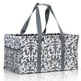 thumbnail image 1 of Extra Large Utility Tote Bag - Oversized Collapsible Reusable Wire Frame Rectangular Canvas Basket with Two Exterior Pockets - Damask Gray, 1 of 9
