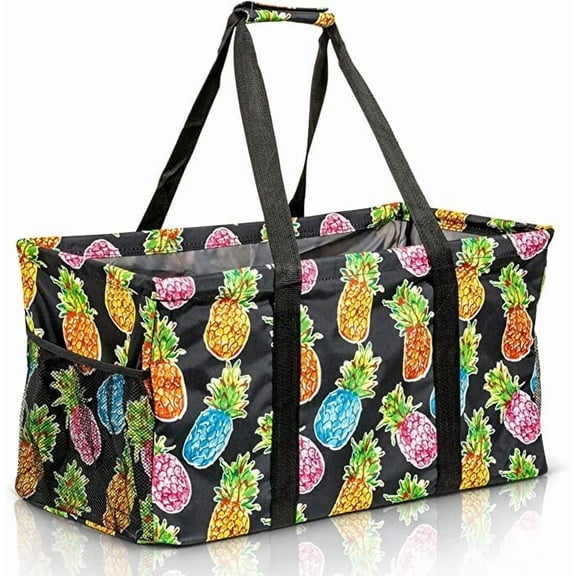 Extra Large Utility Tote Bag - Oversized Collapsible Reusable Wire Frame Rectangular Canvas Basket with Two Exterior Pockets - Pineapple