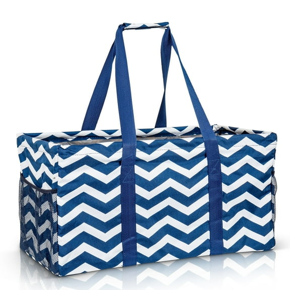 Extra Large Utility Tote Bag - Oversized Collapsible Reusable Wire Frame Rectangular Canvas Basket with Two Exterior Pockets - Chevron Navy
