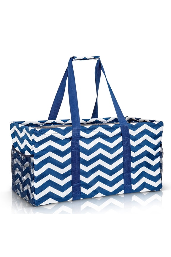 Extra Large Utility Tote Bag - Oversized Collapsible Reusable Wire Frame Rectangular Canvas Basket with Two Exterior Pockets - Chevron Navy