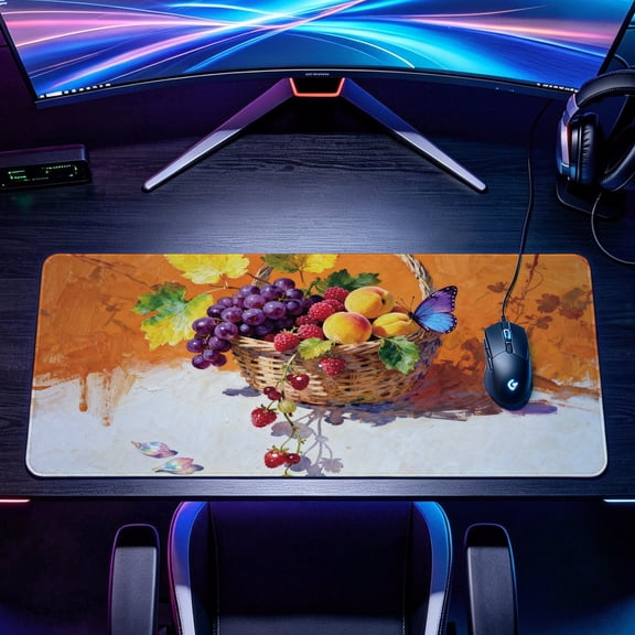 Extra Large Vibrant Fruit Basket With Butterfly Still Life Oil Painting Mouse Pad,Non Slip Rubber Pad,Desktop Decoration Drotection Pad,Washable,Lock Edge Multi Size,Premium Multipurpose Mousepad